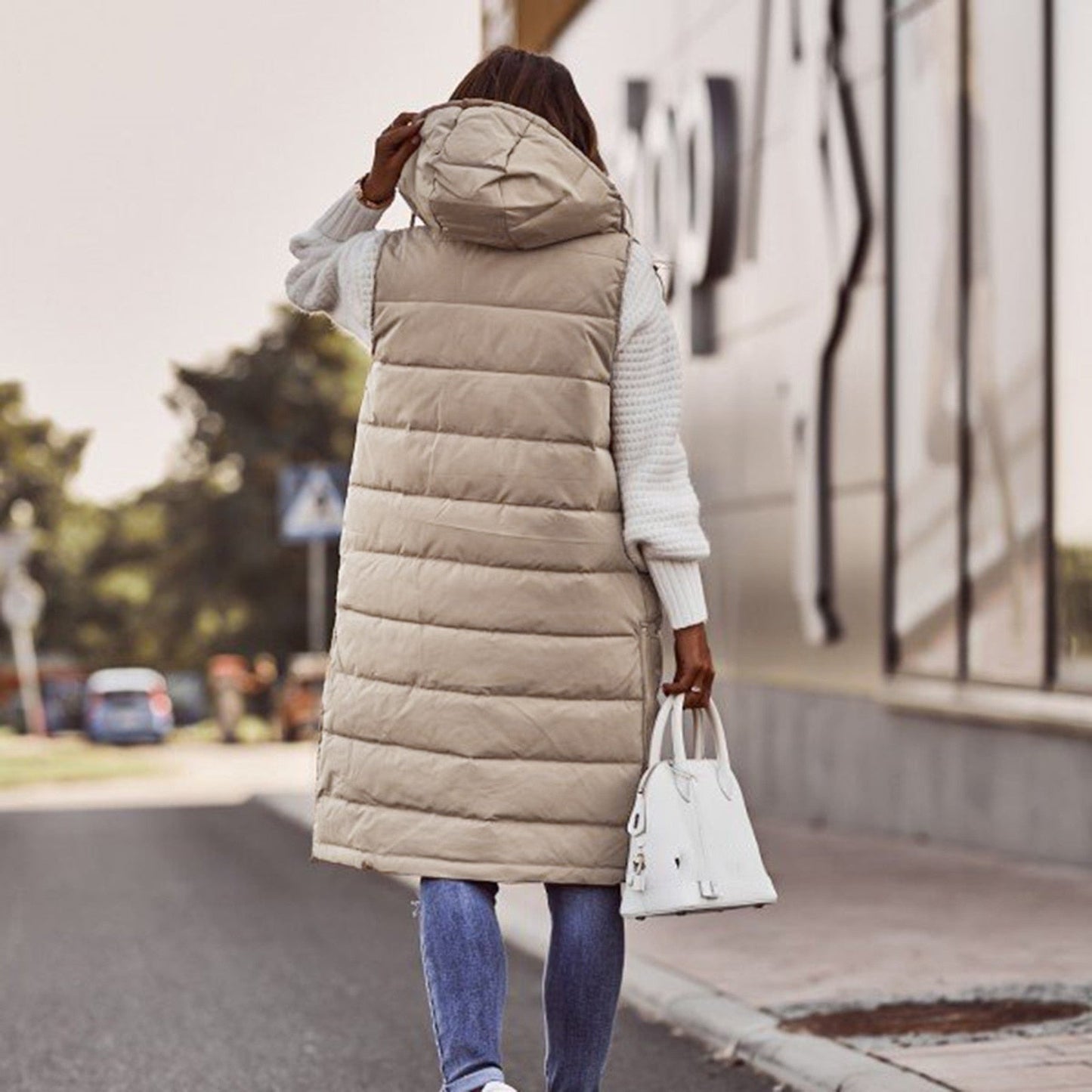 Lång Väst Dam Padded med Huva Quiltad Polyester och Bomull-3