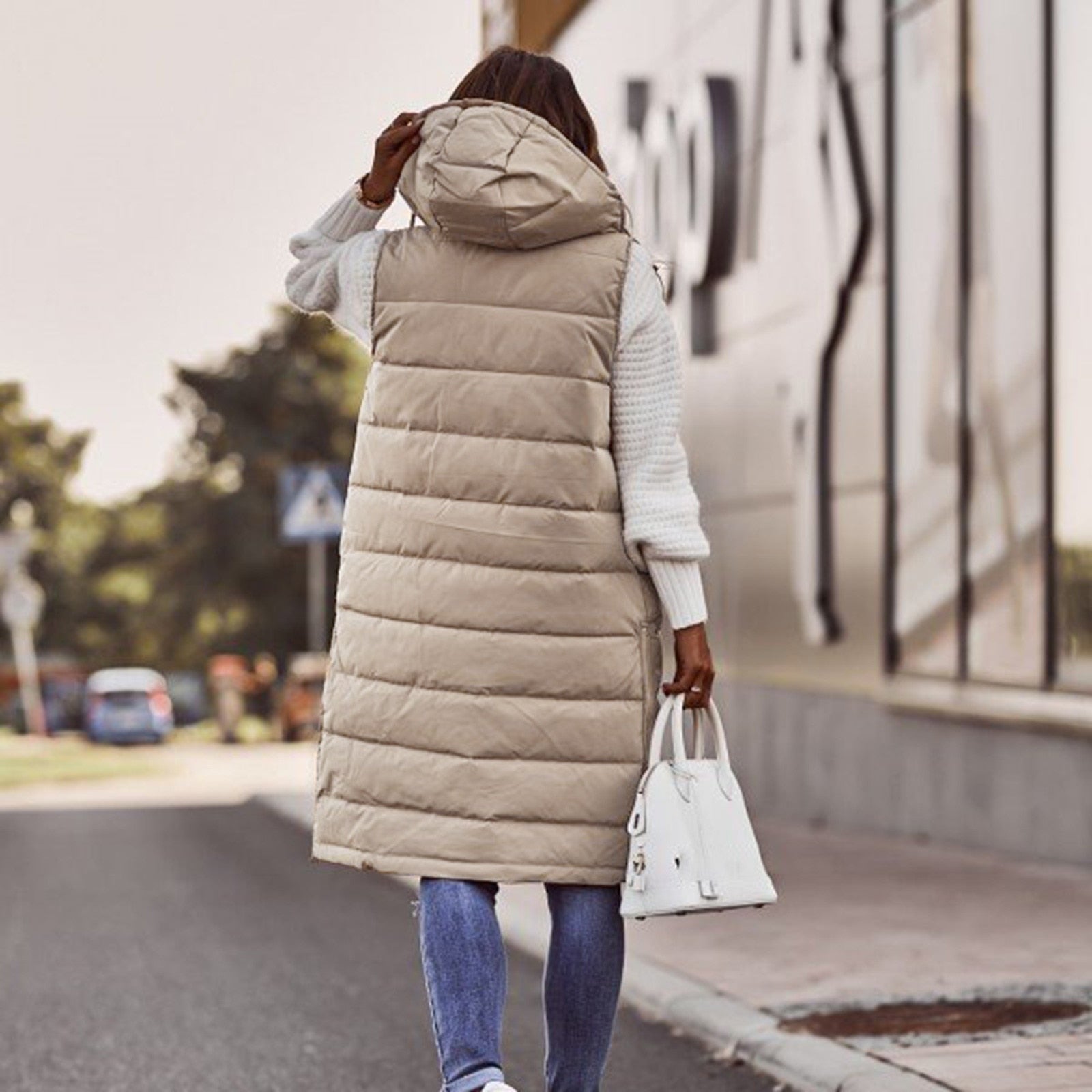 Lång Väst Dam Padded med Huva Quiltad Polyester och Bomull-3