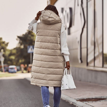 Lång Väst Dam Padded med Huva Quiltad Polyester och Bomull-3