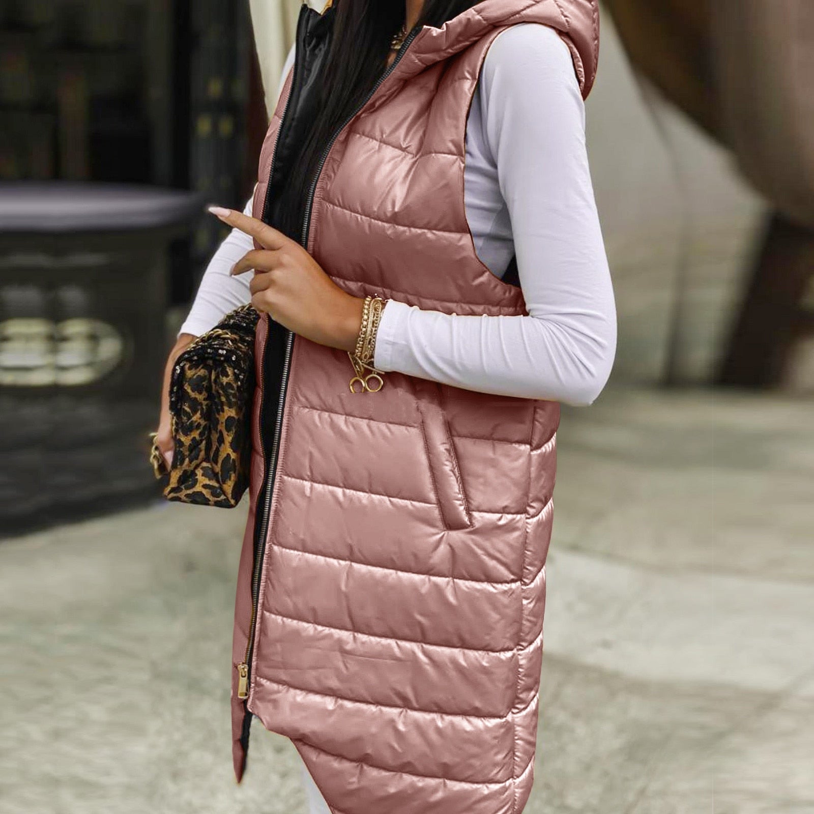 Dunväst Dam Quiltad Med Huva Bomull Polyester-5
