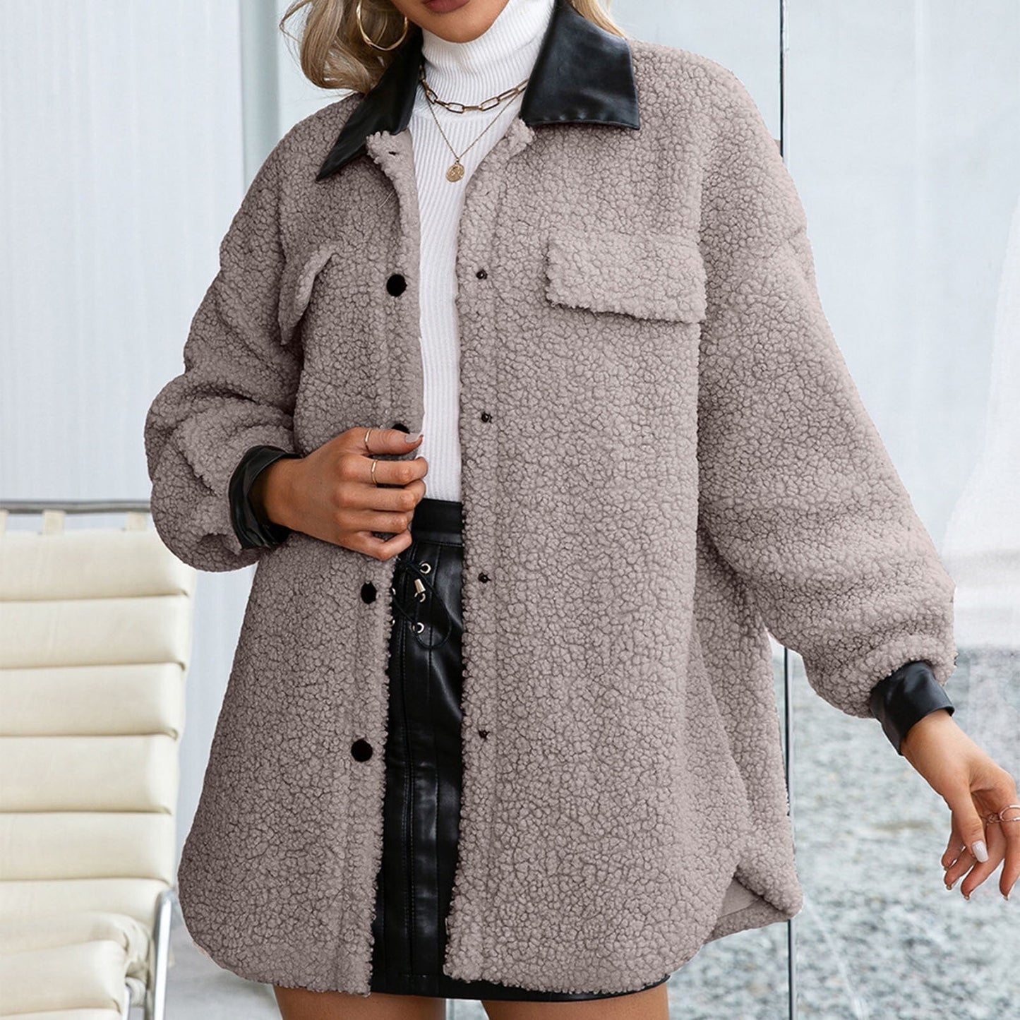 Dam Skjortajacka Klassisk Bomull Polyester med Läderkrage-2