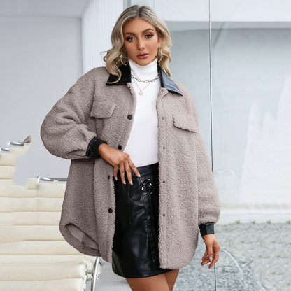 Dam Skjortajacka Klassisk Bomull Polyester med Läderkrage-3