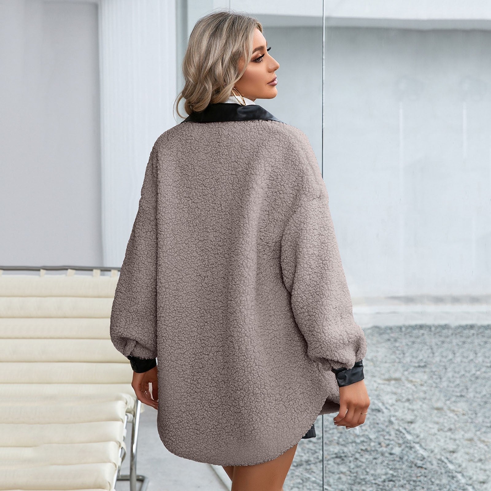 Dam Skjortajacka Klassisk Bomull Polyester med Läderkrage-6