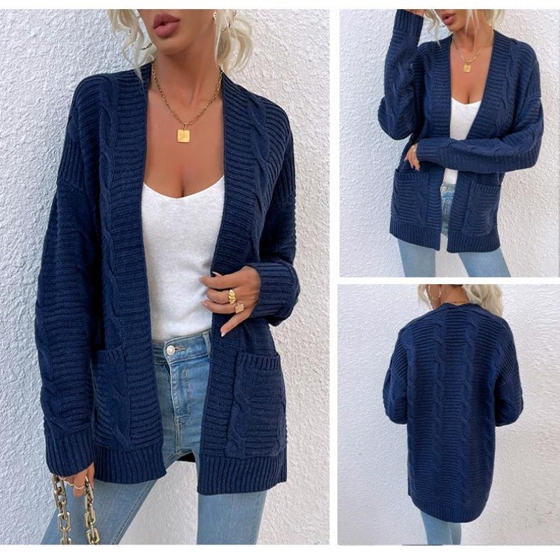 Dam Kofta Avslappnad Grov Stickning Bomull Polyester-5