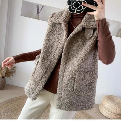 Dam Ärmlös Väst Plysch Nära Passform-3