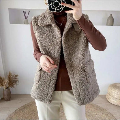 Dam Ärmlös Väst Plysch Nära Passform-5