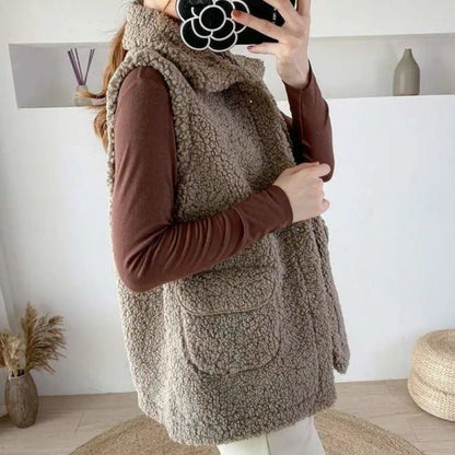 Dam Ärmlös Väst Plysch Nära Passform-4