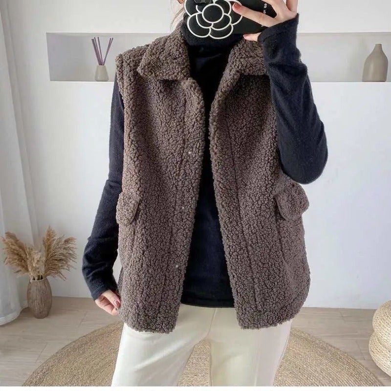 Dam Ärmlös Väst Plysch Nära Passform-6