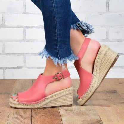 Dam Sandaler Läderkilklack med Jutedetaljer för Sommarstil-1