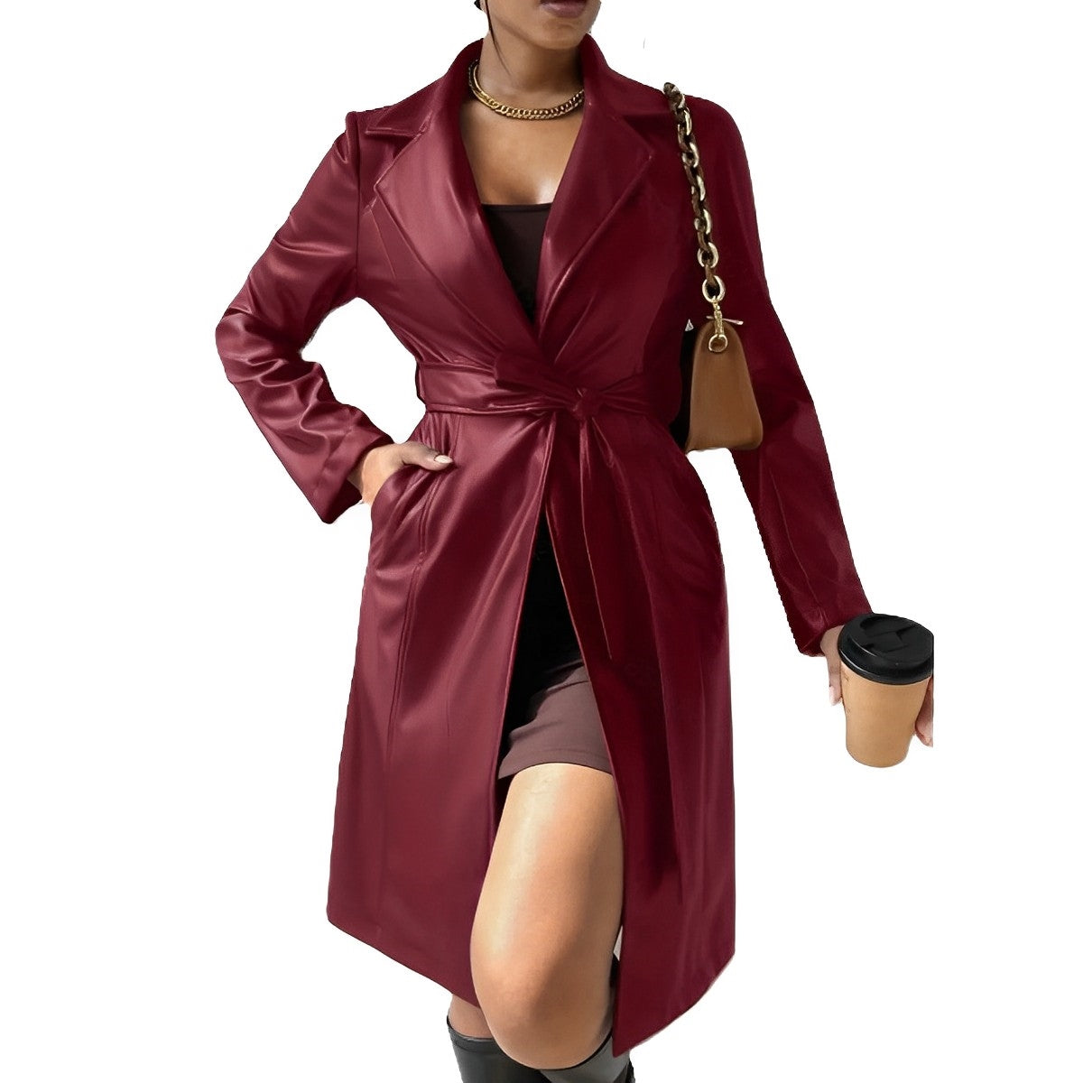 Dam Trenchcoat Lång Slim-Fit PU-Läder med Reverskrage och Fickor-5