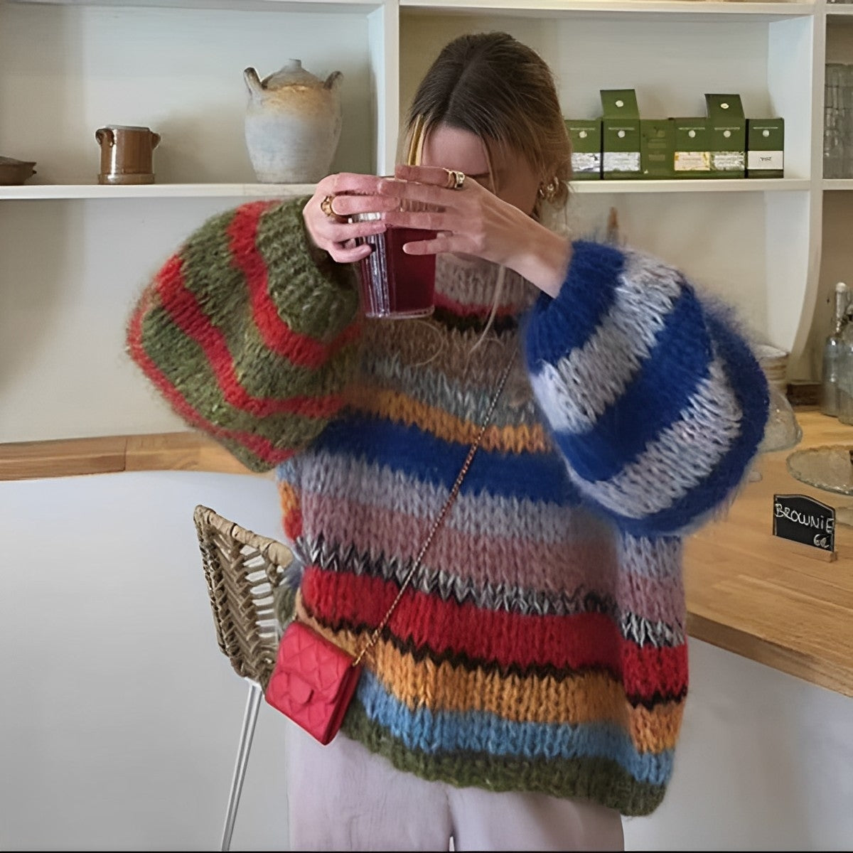 Färgglad Stickad Dam Tröja med Långa Ärmar i Mjuk Bomullsmix – Avslappnad Passform för Kalla Dagar 3