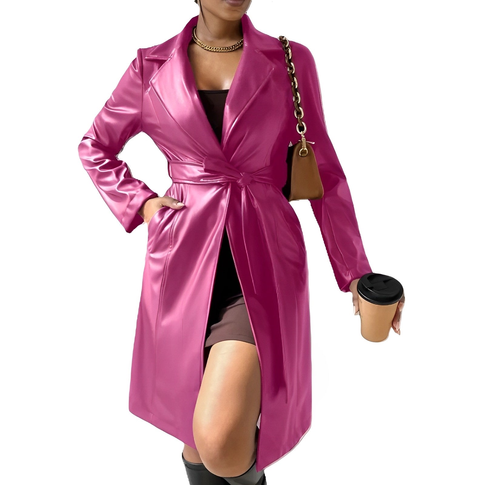 Variant image for Dam Trenchcoat Lång Slim-Fit PU-Läder med Reverskrage och Fickor-6
