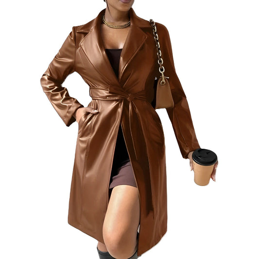 Dam Trenchcoat Lång Slim-Fit PU-Läder med Reverskrage och Fickor-1