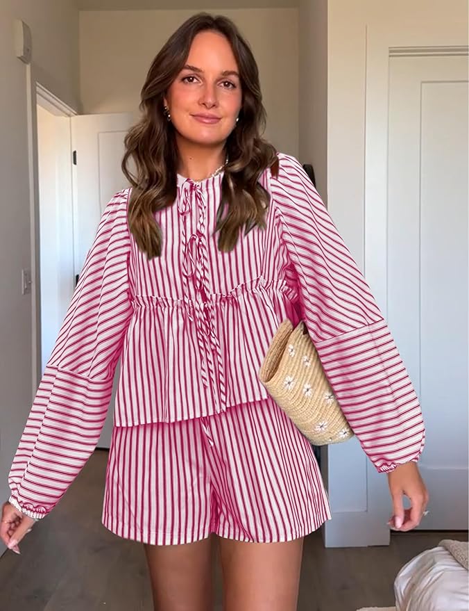 Damset Randig Sommartopp Lätt Bomull och Shorts-6