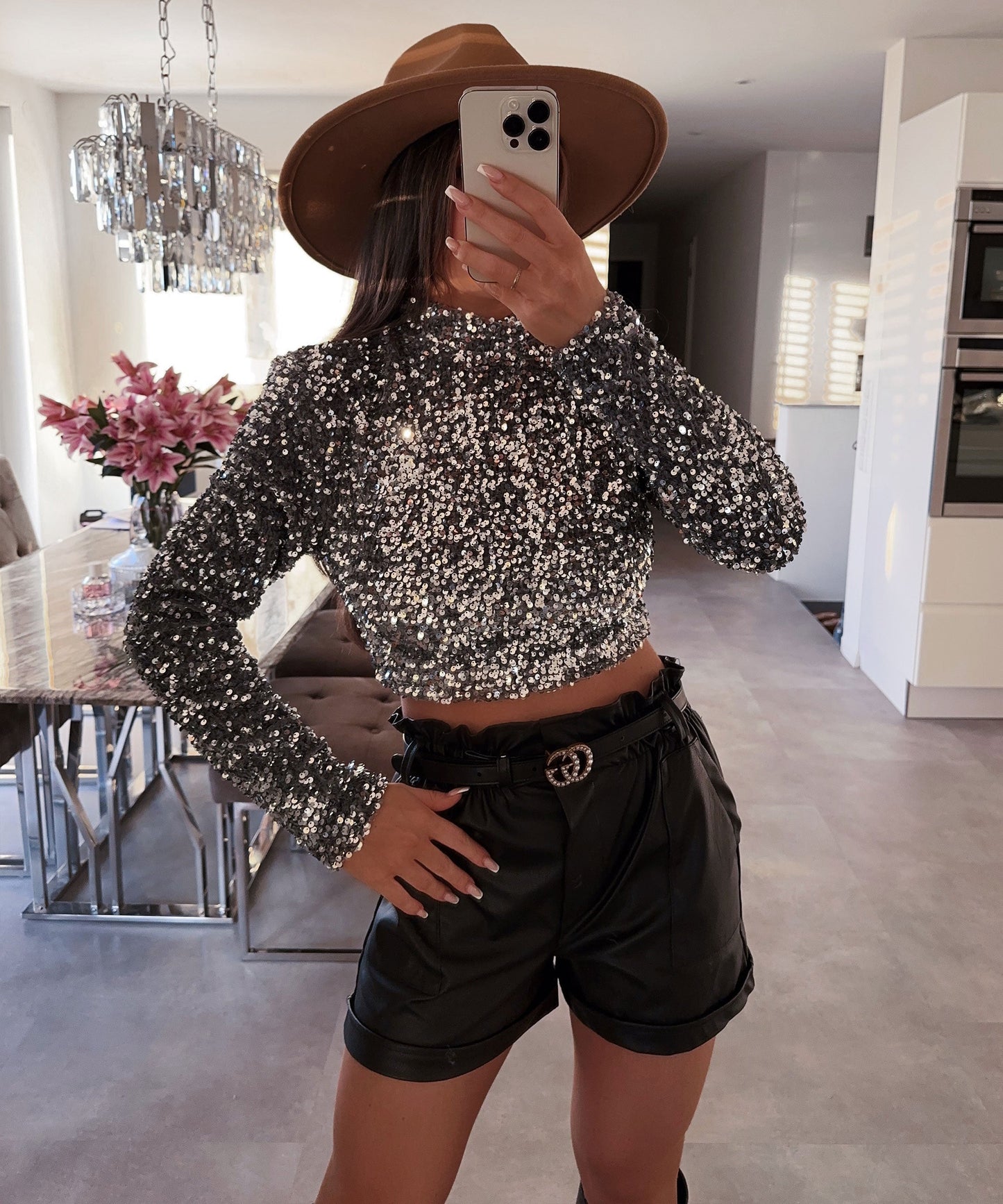 Kvinnors Långärmad Paljetttopp Elegant Mjuk Tyg 7