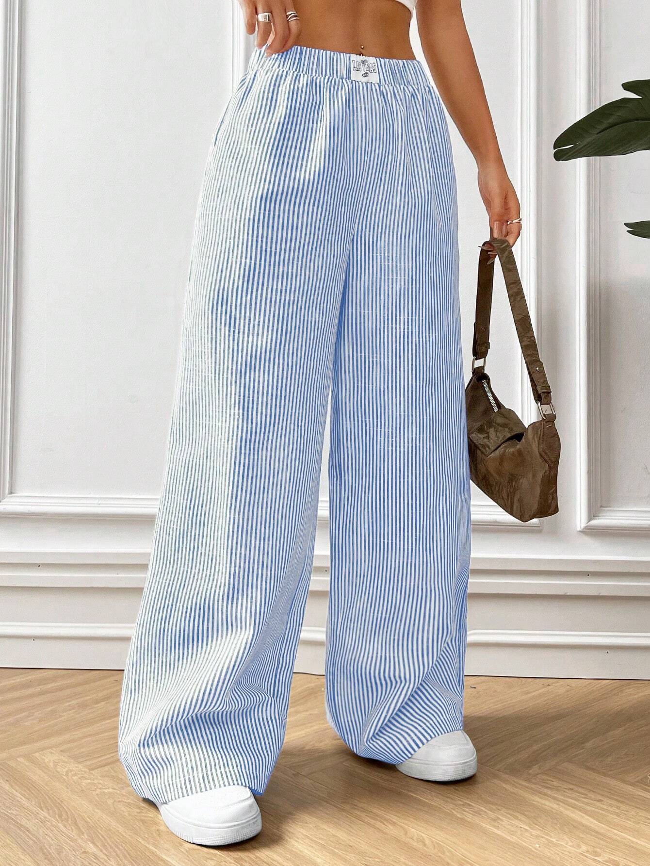 Variant image for Kvinnors Randiga Byxor Hög Midja 100% Bomull-13