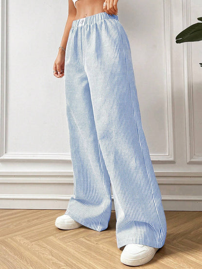 Kvinnors Randiga Byxor Hög Midja 100% Bomull-4