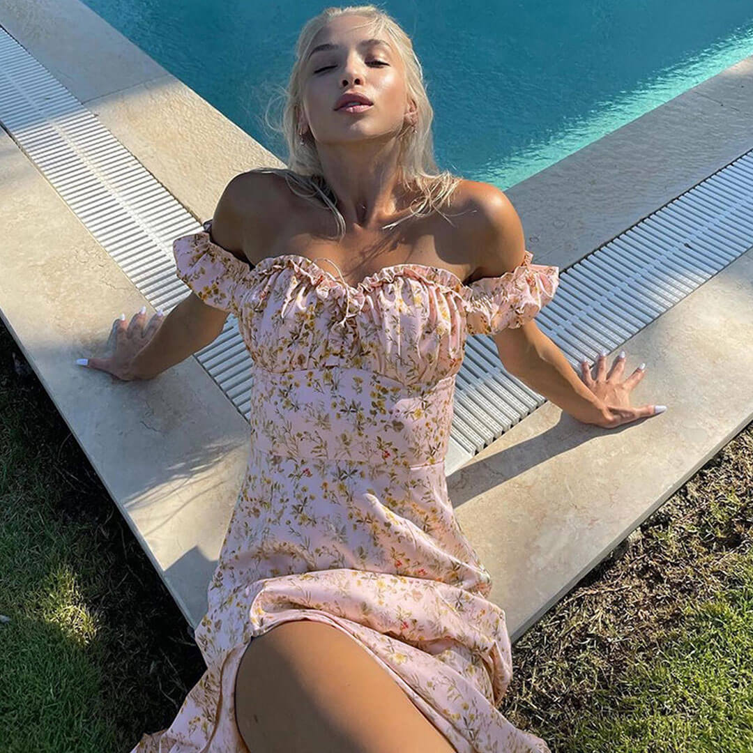 Damer Midi Klänning Axelfri Blommönster Hög Slits Mjuk Tyg-2