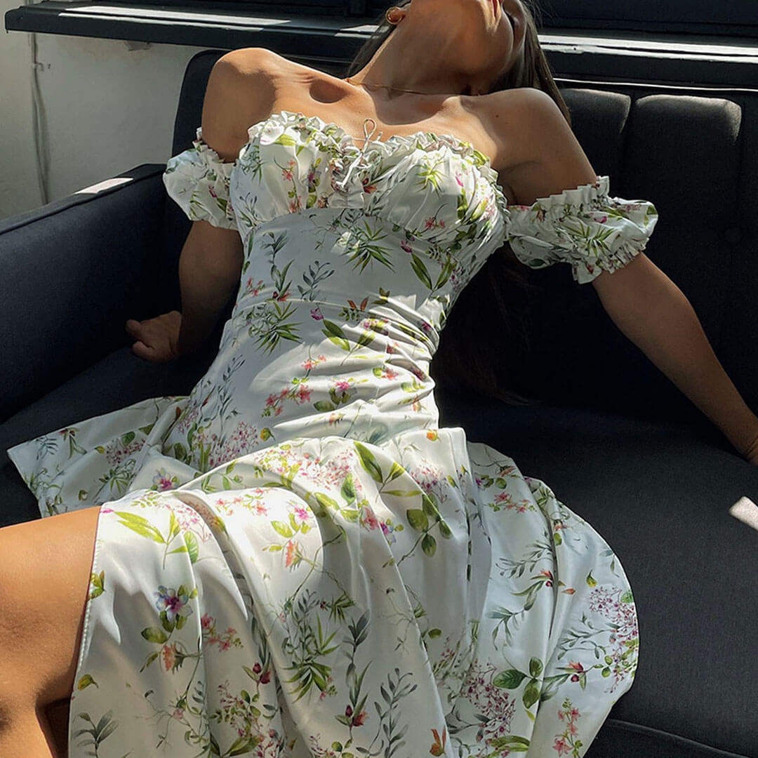 Damer Midi Klänning Axelfri Blommönster Hög Slits Mjuk Tyg-6