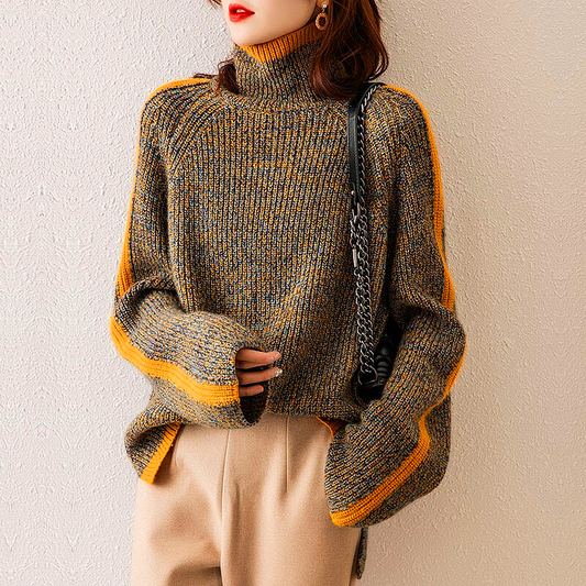 Dam Turtleneck Tröja Överdimensionerad i Mjuk Material med Orange Ränder-1