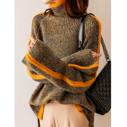 Dam Turtleneck Tröja Överdimensionerad i Mjuk Material med Orange Ränder-3