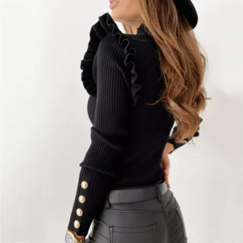 Dam Tröja Ribbad med Ruffles och Knappar i Viskos och Polyester-2