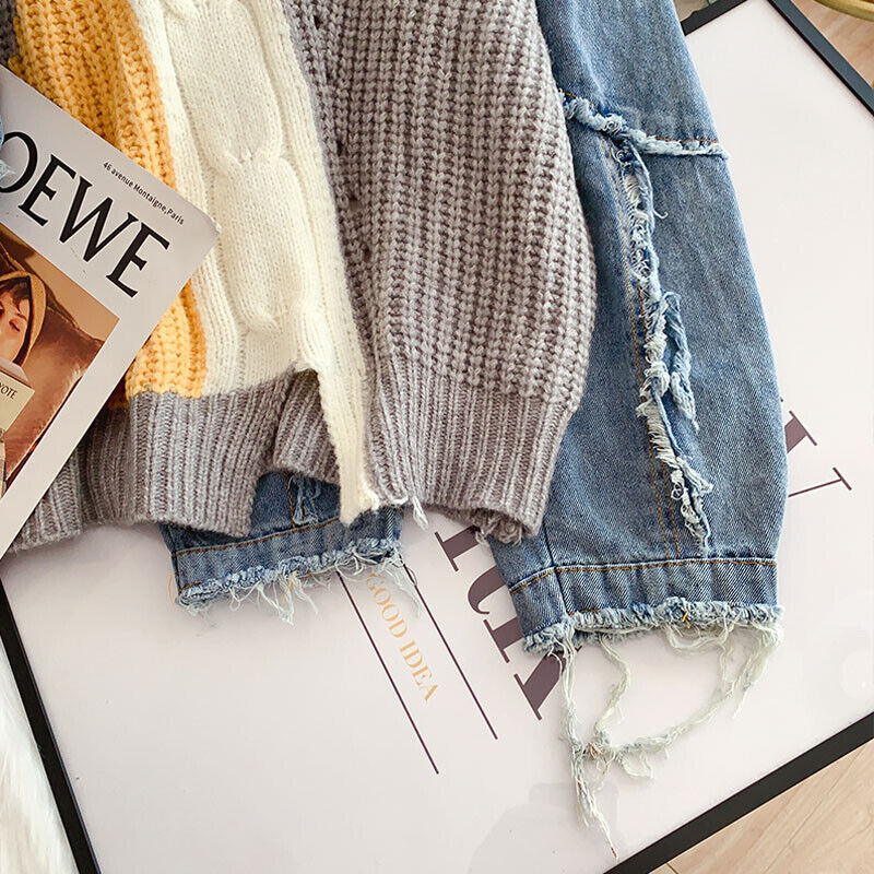 Stickad Dam Tröja Patchwork med Denimärmar Mjuk och Bekväm-4