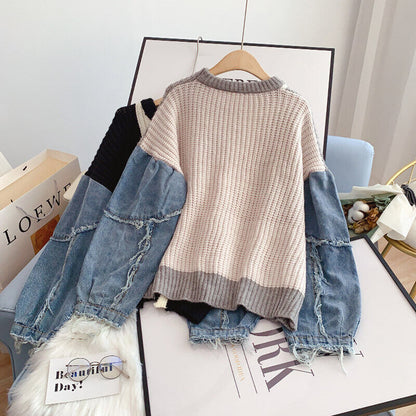 Stickad Dam Tröja Patchwork med Denimärmar Mjuk och Bekväm-5