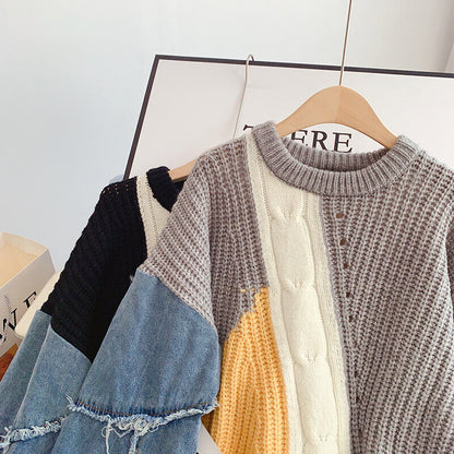 Stickad Dam Tröja Patchwork med Denimärmar Mjuk och Bekväm-3