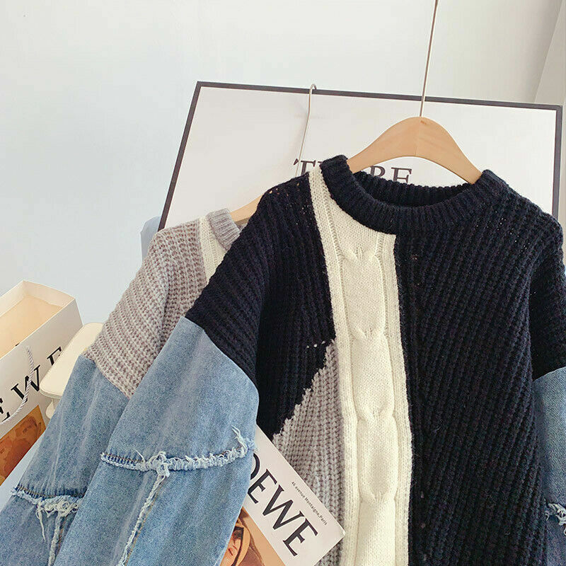 Stickad Dam Tröja Patchwork med Denimärmar Mjuk och Bekväm-6
