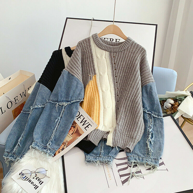 Stickad Dam Tröja Patchwork med Denimärmar Mjuk och Bekväm-1