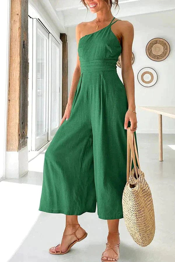 Dam Jumpsuit En-Axel Lätt Linne Midjband Avslappnad Passform 7