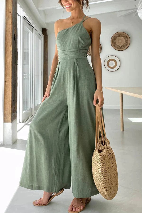 Dam Jumpsuit En-Axel Lätt Linne Midjband Avslappnad Passform 10