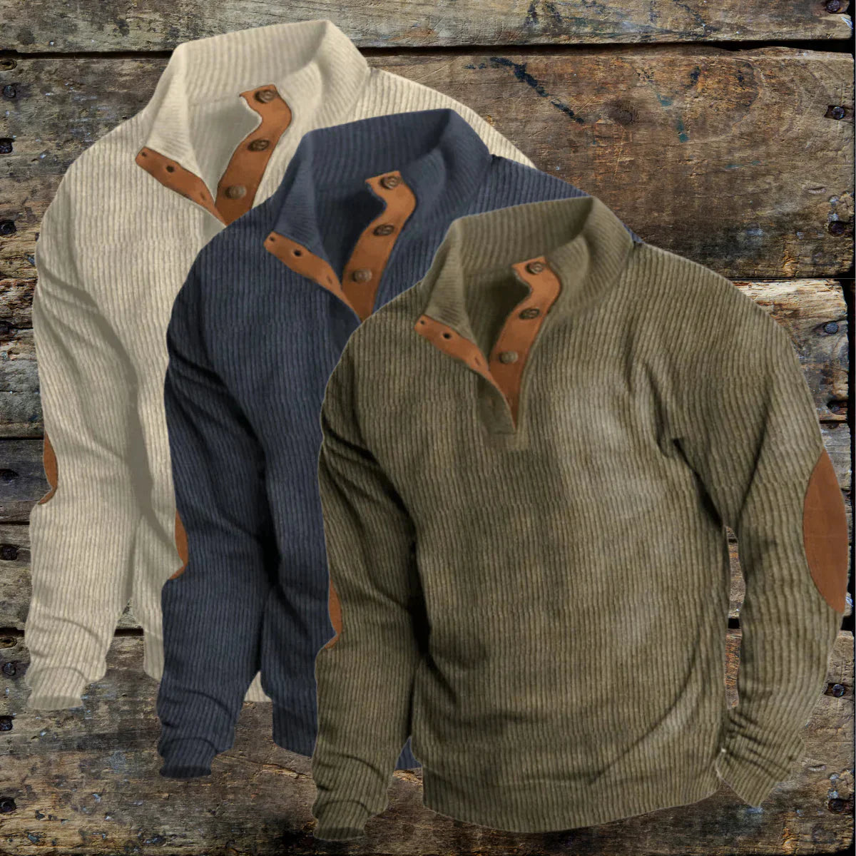 Herr Ribbad Tröja med Knappar i Mjuk Blandning-2