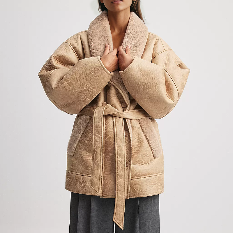 Damjacka Syntetiskt Läder Vintage Med Sherpa-Foder Och Justerbart Bälte-6