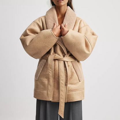 Damjacka Syntetiskt Läder Vintage Med Sherpa-Foder Och Justerbart Bälte-6