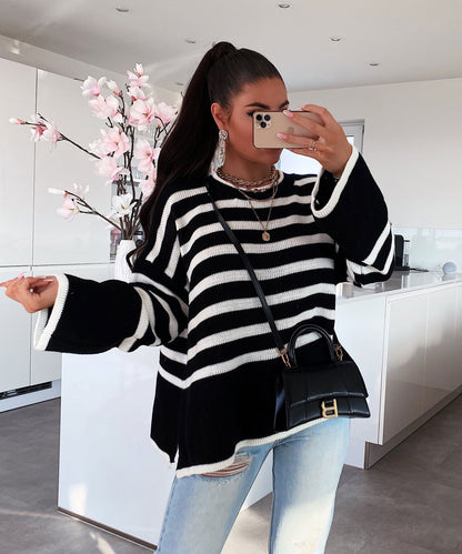 Stickad Dam Tröja Randig Modern Design i Mjukt Material-3