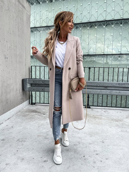 Lång Vinterrock Dam i Polyester med Dubbelknapp och Fickor – Klassisk och Elegant Under Knäet 7