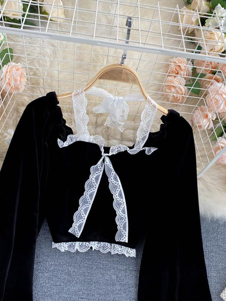 Dam Halterneck Blus med Puffärmar och Spetsdetaljer i Syntetiska Fibrer-4
