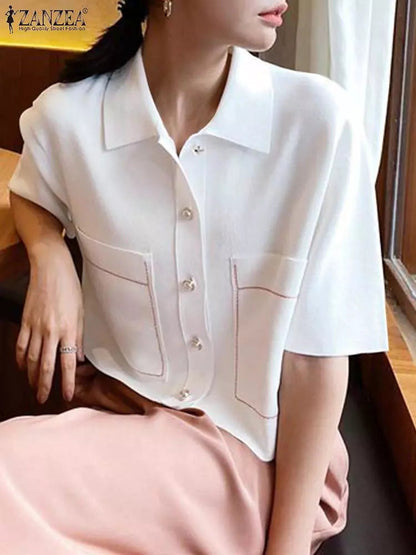 Dam Kortärmad Skjorta Lätt Polyester Blus för Avslappnad Stil-2