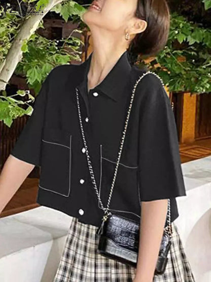 Dam Kortärmad Skjorta Lätt Polyester Blus för Avslappnad Stil-3