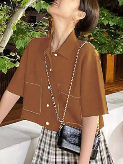 Dam Kortärmad Skjorta Lätt Polyester Blus för Avslappnad Stil-4