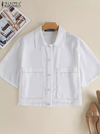 Dam Kortärmad Skjorta Lätt Polyester Blus för Avslappnad Stil-5