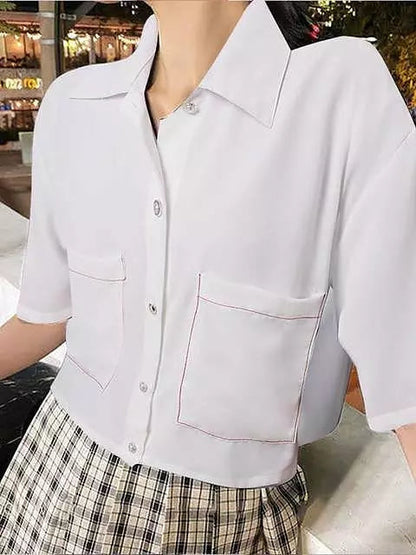 Dam Kortärmad Skjorta Lätt Polyester Blus för Avslappnad Stil-1