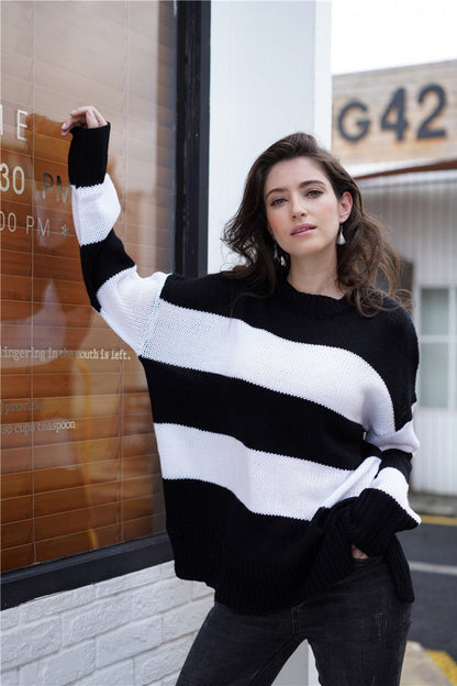 Dam Tröja Rund Halsringning Långärmad Akryl Färgblockerad-6