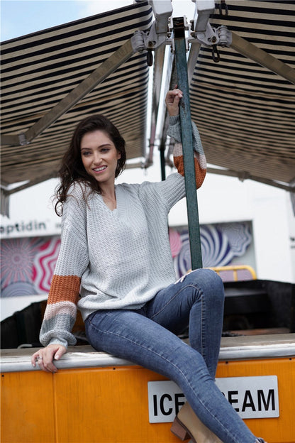 Stickad Dam Tröja Rund Hals Lång Ärme Akryl Färgblock-4