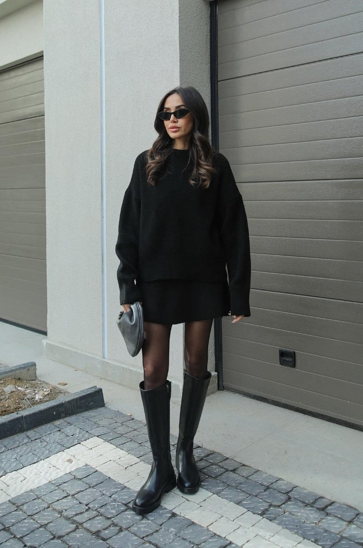 Kvinnors Stickat Set Kjol och Tröja i Ullmix med Avslappnad Silhuett-6