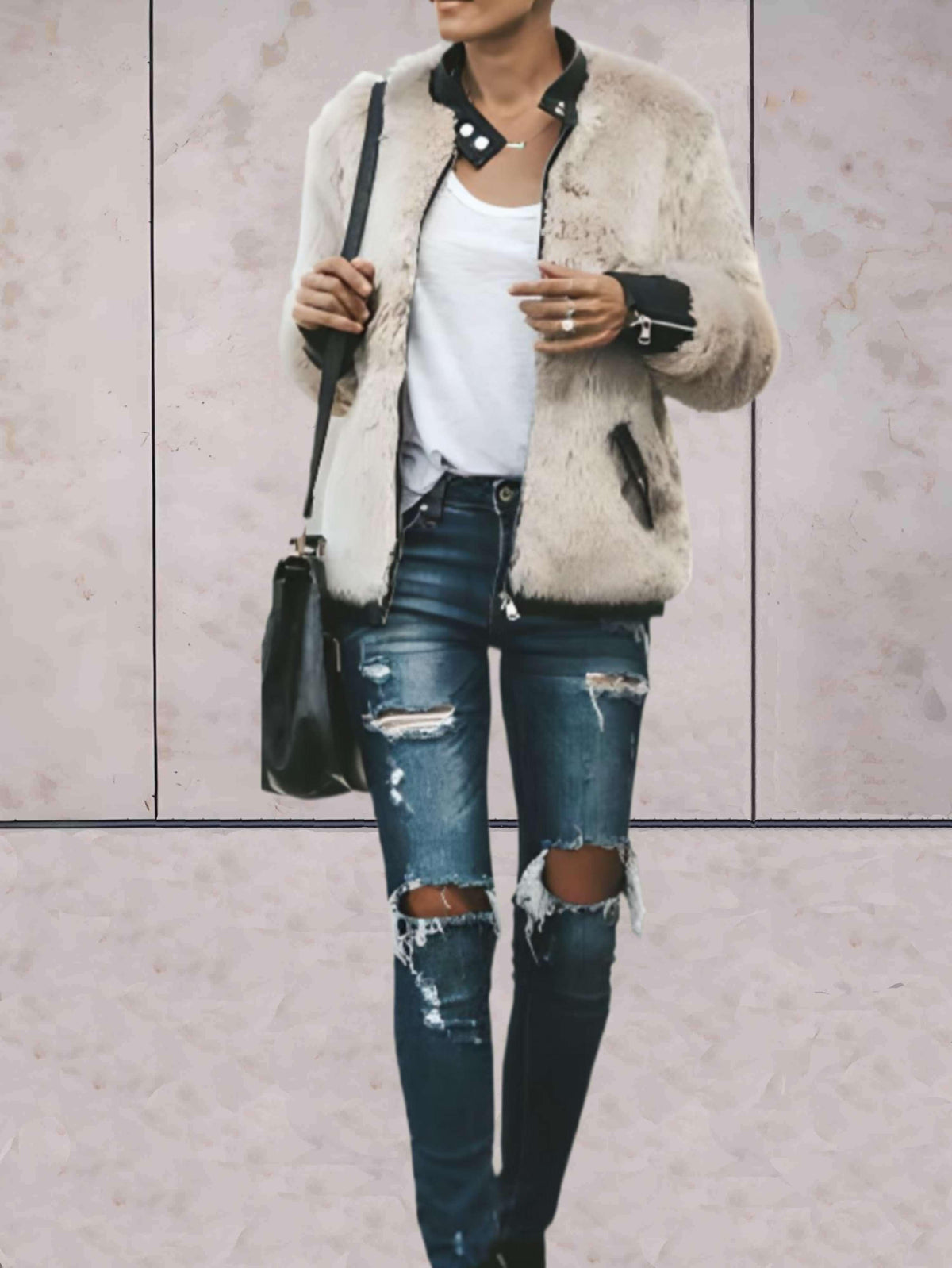 Damenjacke Runder Ausschnitt Synthetischer Pelz Warm und Trendy Jacke für Damen-2
