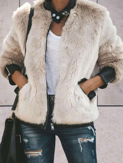 Damenjacke Runder Ausschnitt Synthetischer Pelz Warm und Trendy Jacke für Damen-3
