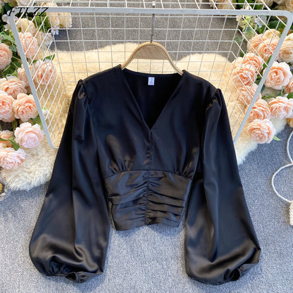 Vit Dam Blus V-ringad Kortärmad Polyester med Puffärmar-2